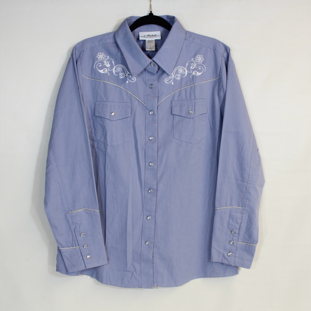 Back in the Saddle Blue Pearl Snapdown Western Embroidered Denim Top NWOT